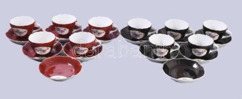 Aquincum mokkás csésze készlet 6+6 db alj, 5+5 db csésze. Kézzel festett, jelzett, hibátlan.