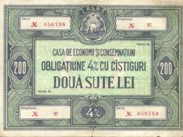 Románia DN "Országos Takarékpénztár (C.E.C.) 4%-os kötvénye 200L-ről (4x) T:III