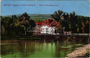 1915 Pöstyén, Piestany; Vág részlet a Thermia szállodával. Fuchs Margit kiadása / Váh riverside with spa hotel and bridge (kopott sarkak / worn corners)
