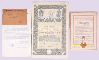 Vegyes papírrégiség tétel levelek, értéklevelek, reklámok, dekoratív mappával