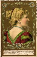 1903 Szecessziós aranyozott, dombornyomott hölgy művészlap / Lady art postcard. golden Emb. litho (EK)