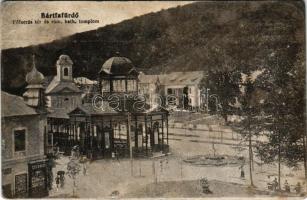 Bártfa, Bártfafürdő, Bardejovské Kúpele, Bardiov, Bardejov; Főforrás tér és római katolikus templom, Eschwig üzlete. Horovitz kiadása / spa, square, mineral spring source, Catholic church, shop (fa)