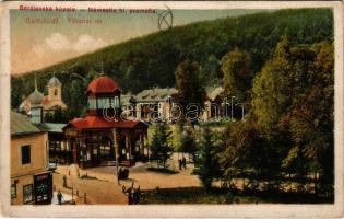 1924 Bártfa, Bártfafürdő, Bardejovské Kúpele, Bardiov, Bardejov; Főforrás tér és római katolikus templom, Eschwig üzlete. Eschwig és Hajts kiadása, Hajts Kornél felvétele / Námestie hl. pramena / spa, mineral spring source, square, Catholic church, publisher's shop (EK)