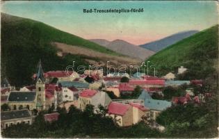 1915 Trencsénteplic, Trencianske Teplice; látkép, templom / general view, church (ázott / wet damage)