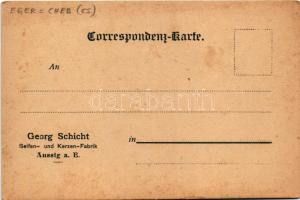 Cheb, Eger; Burg. Georg Schicht Postkarten, Lith. Kunstanstalt E. Rennert / castle, with advertiseme...