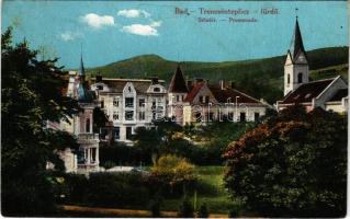 Trencsénteplic, Trencianske Teplice; Sétatér, templom. Wertheim Zsigmond kiadása / promenade, church (EB)