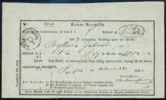 1864.02.16. Tértivevény "FÜNFKIRCHEN" + "Fünf= / kirchen" ovális bélyegzéssel, utóbbit Gudlin csak 1858-ig ismeri, luxus minőség