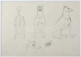 Azonosítatlan jelzéssel: Kutya vázlatok. Tus, papír, paszpartuban 21x26 cm