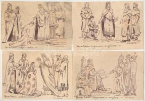 4 db RÉGI Szent István művészlap egy sorozatból: Szent István megkeresztelése, megkoronázása, megsze...