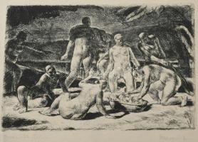 Tarjáni Simkovits Jenő (1895-1995): Mózes megtalálása. Rézkarc, papír, jelzett. Lapszéli hajtásnyomokkal. 12,5×17,5 cm