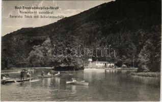 Trencsénteplic, Trencianske Teplice; Baracska-tó az uszodával és csónakázókkal / Baracska Teich mit Schwimmschule / lake with swimming pool and rowing boats - képeslapfüzetből / from postcard booklet