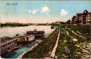 1915 Újsziszek, Novi Sisak (Sziszek, Sisak); látkép, híd, kikötő. Janko Dujak kiadása / general view, bridge, port, ships (EK)