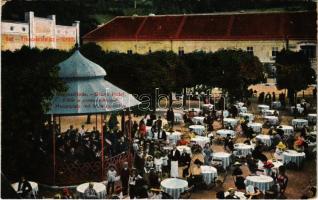 1916 Trencsénteplic, Trencianske Teplice; Fő tér a zenepavilonnal, zenekar. Wertheim Zsigmond kiadása / Hauptplatz mit Musikpavillon / main square, music pavilion with musicians (r)