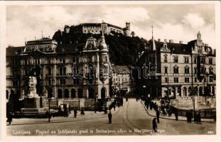 1931 Ljubljana, Laibach; Pogled na ljubljanski grad in Stritarjevo ulico iz Marijinega trga / Ljubljana Castle from Stritarjeva Street and St. Mary's Square, street view, Slavenksa Banka, shop Zobozdravnik.