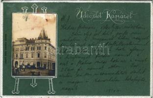 1901 Kassa, Kosice; Fő utca, Andrássy-udvar palota és kávéház, ragasztott fotó. László Béla kiadása ...