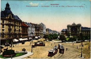 1914 Budapest VII. Keleti pályaudvar, vasútállomás, Baross szobor, villamos, automobil (r)