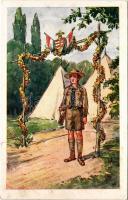 Őrségen. Cserkész művészlap magyar címerrel és zászlóval. R.J.E. 8002. / Hungarian boy scout art pos...