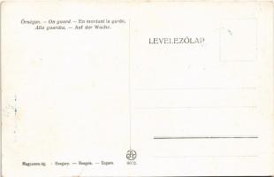 Őrségen. Cserkész művészlap magyar címerrel és zászlóval. R.J.E. 8002. / Hungarian boy scout art pos...