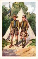 Az őrs zászlója. Cserkész művészlap R.J.E. 8006. / Hungarian boy scout art postcard (gyűrődés / crea...