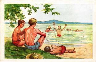 Fürdik az őrs. Cserkész művészlap R.J.E. 8004. / Hungarian boy scout art postcard (gyűrődés / crease...
