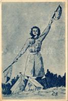 Szerb cserkészlány művészlap / Serbian scout girl art postcard (EK)