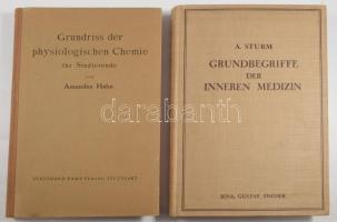 Amadaus Hahn: Grundriß der physiologischen Chemie für Studierende. Stuttgart, 1946, Ferdinand Enke, VIII+255 p. Német nyelven. Kiadói félvászon-kötés. + Alexander Sturm: Grundbegriffe der Inneren Medizin. Eine klinische Propädeutik für Studierende der Medizin. Ein Lehrbuch für Studierende der Zahnheilkunde. Jena, 1938, Gustav Fischer, VIII+282+2 p. Német nyelven. Szövegközti fekete-fehér és színes képanyaggal illusztrált. Kiadói egészvászon-kötés.