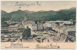 1902 Nagybánya, Baia Mare; Látkép a református templommal, üzletek, piac. Kovács Gyula kiadása / general view with Calvinist church, shops, market (r)