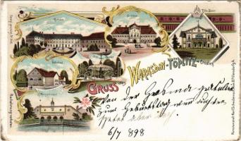 1898 Varasdfürdő, Warasdin-Töplitz, Varazdinske Toplice; Schloss, Villa Bauer, Chinesischer Pavillon, Konstantinbad, Volksbad, Kurhaus / Kínai pavilon, gyógyfürdők, villa, kastély / Chinese pavilion, spa, bathhouses, castle, villa. Kunstanstalt Karl Schwidernoch Art Nouveau, floral, litho (Rb)