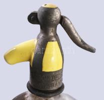 3 darab antik szódás üveg, közte kék és sárga fejbetéttel, hozzá 3 darab fejjel, néhol ütődésekkel