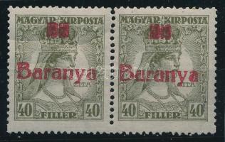 Baranya I. 1919 Zita 40f pár eltömődött évszámmal, Bodor vizsgálójellel