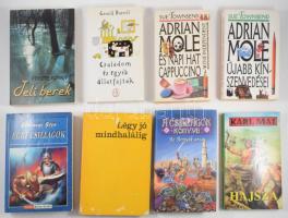 Vegyes ifjúsági regény tétel, 8 kötet: Gárdonyi Géza: Egri csillagok.; Móricz Zsigmond: Légy jó mindhalálig.; Fekete István: Téli berek.; Karl May: Hajsza.; Gerald Durrell: Családom és egyéb állatfajták.; Sue Townsend: Adrian Mole és napi hat cappuccino.; Adrian Mole újabb kínszenvedései.; Erik L'Homme: A Csillagok Könyve III. Az Árnyék arca. Vegyes állapotban.