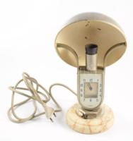 MOFÉM asztali lámpa beépített órával, nikkelezett fém, kopással, jó állapotban, m: 28 cm