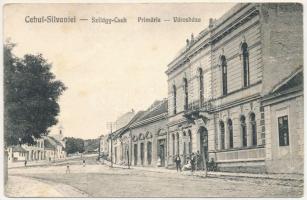 Szilágycseh, Cehu Silvaniei; Primaria / Városháza, zsinagóga, Elöljáróság, Harausz Sándor üzlete / town hall, synagogue, magistracy, shops (EB)