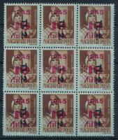 1946 Betűs Tl.2./10f/4f kilencestömb, a középső bélyeg a felülnyomatban "T" nélkül (15.000) (2 sarokban törések, fogelválás / folds, aparted perf.)