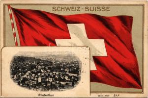 Winterthur, Schweiz / Suisse / general view with Swiss flag. Art Nouveau, Emb. litho (pinhole)