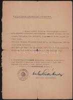1944 Bp., M. kir. vallás- és közoktatásügyi minisztérium által kiállított igazolás zsidótörvény alól...