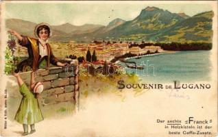 Lugano, Souvenir de Lugano. Art Nouveau, litho with Franck coffee substitute advertisement (pinholes...