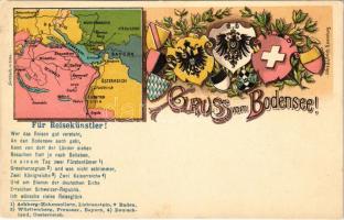 Bodensee, Gruss vom Bodensee / map with the coats of arms of Austria, Germany and Switzerland. Art N...