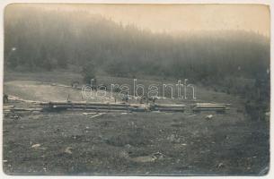 1928 Úzvölgye, Valea Uzului; fatelep, fűrésztelep / forestry, sawmill, lumber yard. photo (ragasztónyomok / glue marks)