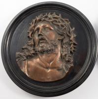 Mária és Jézus arcképével díszített antik falidísz pár ebonizált fa alapon, d: 21 cm