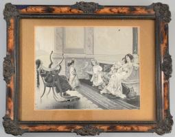 3 db selyemkép, jelzettek, dekoratív keretekben 31x28 cm-ig