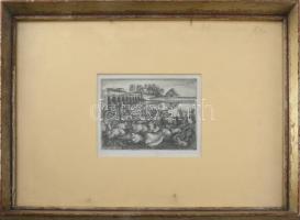 Szabó Vladimír (1905-1991): Hortobágyi hídnál. Rézkarc, papír, jelzett. Üvegezett fakeretben, 10,5×1...
