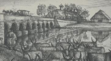 Szabó Vladimír (1905-1991): Hortobágyi hídnál. Rézkarc, papír, jelzett. Üvegezett fakeretben, 10,5×1...