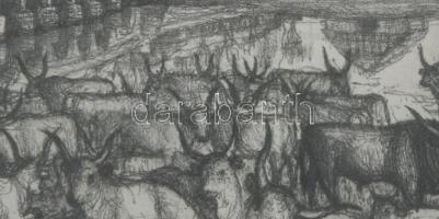 Szabó Vladimír (1905-1991): Hortobágyi hídnál. Rézkarc, papír, jelzett. Üvegezett fakeretben, 10,5×1...