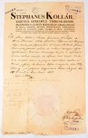 1837 Kollár István (1764-1844) királyi tanácsos, választott püspök aláírása egyházi ügyben íródott okmányon, szárazpecséttel, későbbi rábélyegzésekkel, kisebb szakadásokkal.