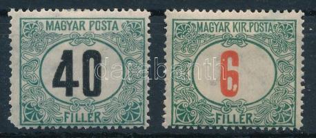 1915-1920 Pirosszámú zöldportó 6f és Magyar Posta portó 40f hiányos értékszámokkal