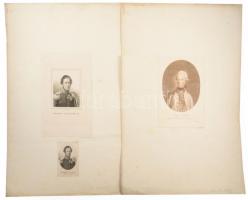 3 db uralkodókat ábrázoló metszet: III. Frigyes Vilmos (1770-1840) porosz király portréja, 2 db, egy lapra ragasztva + I. Ferenc (1768-1835) osztrák császár, magyar és cseh király portréja, lapra ragasztva, külső lapméret: 53x36 cm