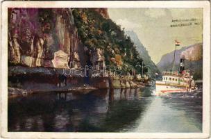 1949 Orsova, Kazán-szoros, Traján tábla, gőzhajó. Művészlevelezőlap M.F.T.R. 6314-24. Klösz műintézet / Kasanpartie, Trajan-Tafel / Cazane, Tabula Traiana / gorge, monument, steamship (EK)