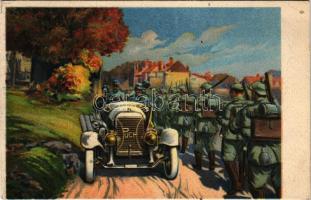 Osztrák-magyar tisztek Puch automobilban Maubeuge előtt. Puch Művek Rt. reklámlapja / Puchwerke A.G....