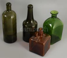 4 db régi likőrös üveg, egyik Gschwindt felirattal. 15-24 cm Hibátlanok